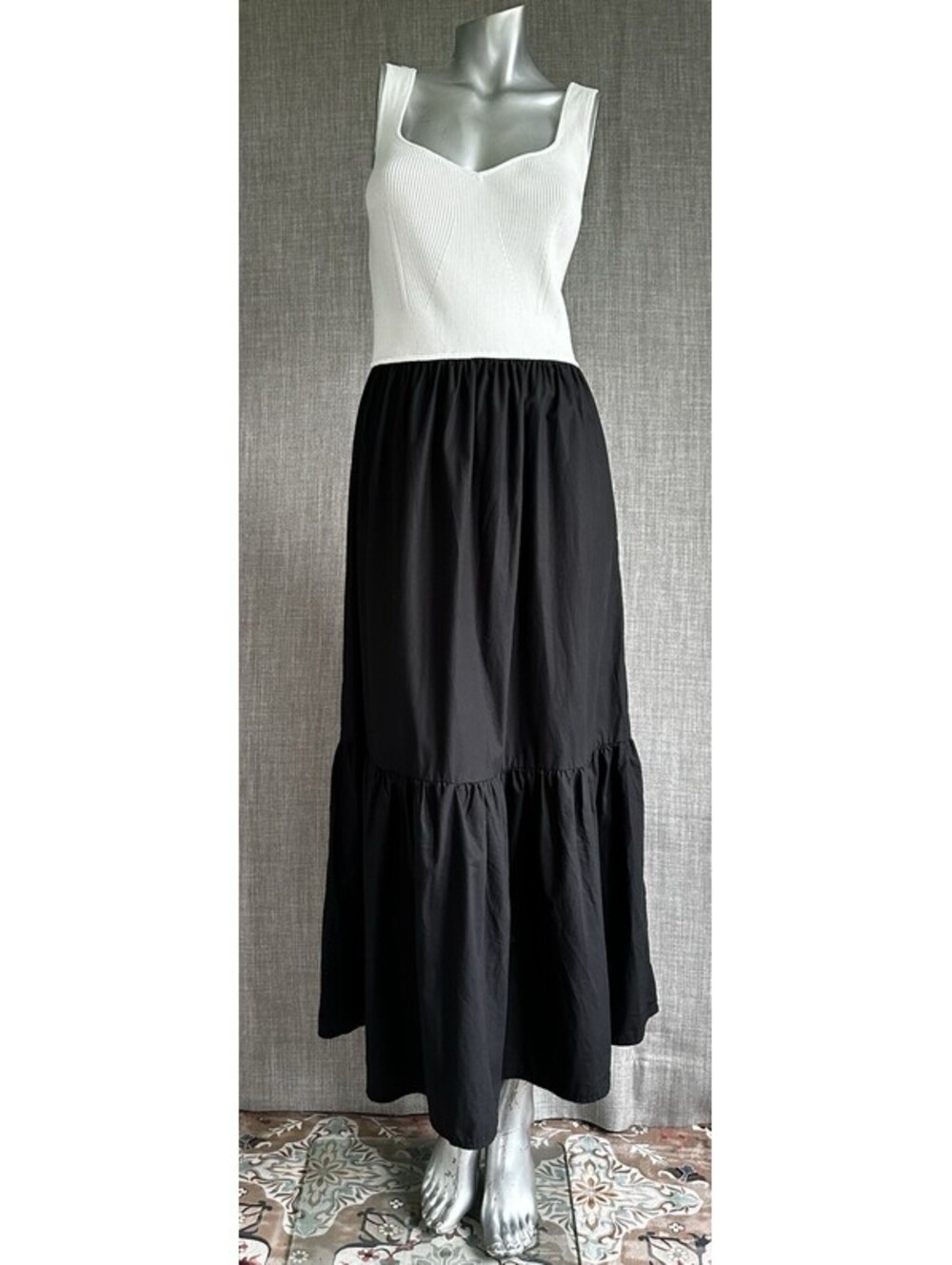 Two-toned DKNY Dress With Ruffled Hem Black Skirt And White Sleeveless Bodice